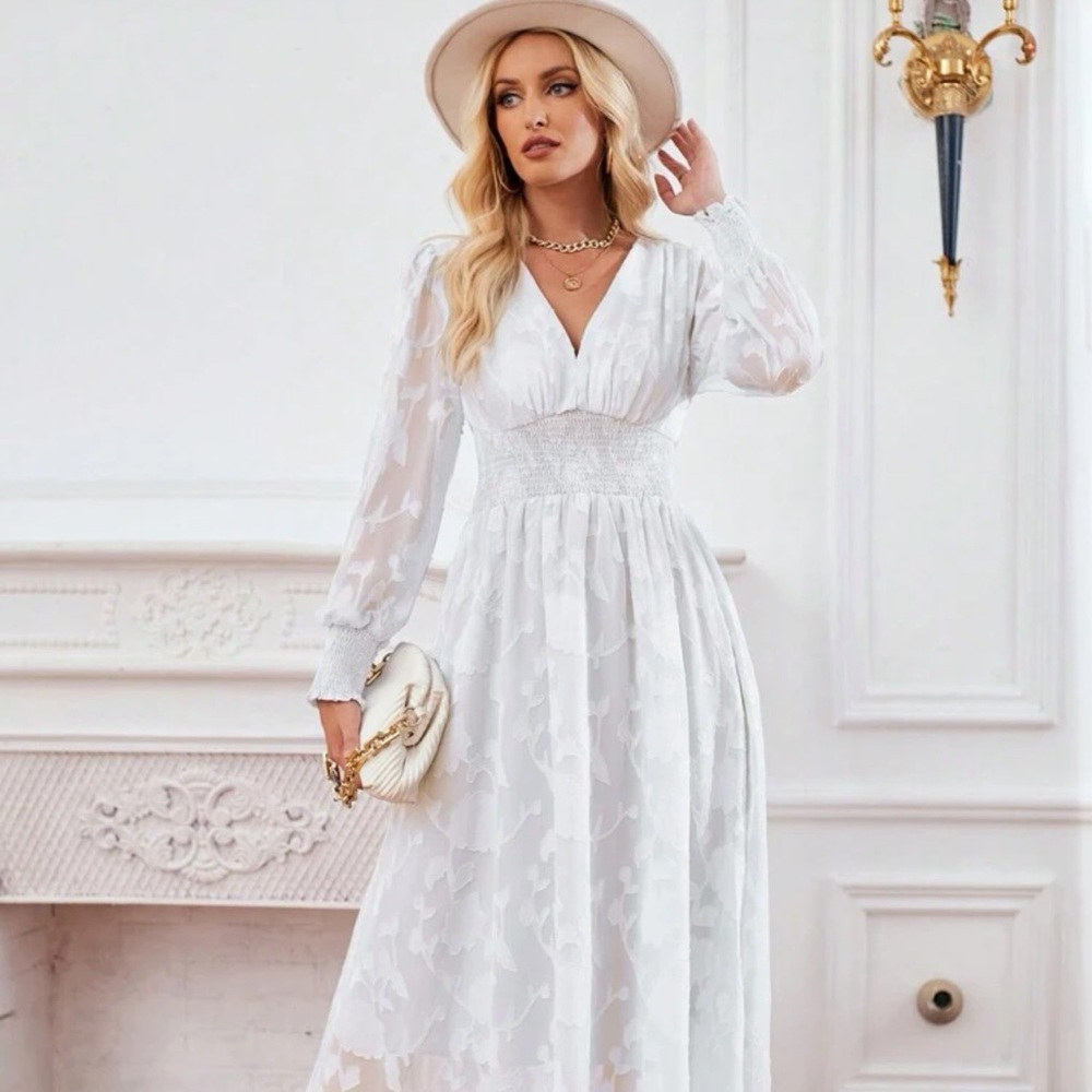 SHEIN Jacquard Puff Sleeve A-line Dress